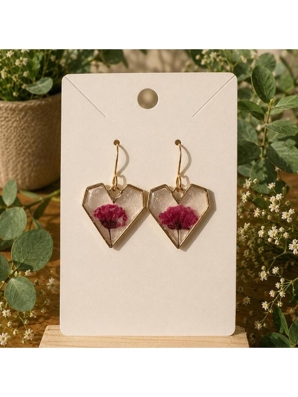 Cottage core Heart-Shaped Pressed Flower Earrings in Gold